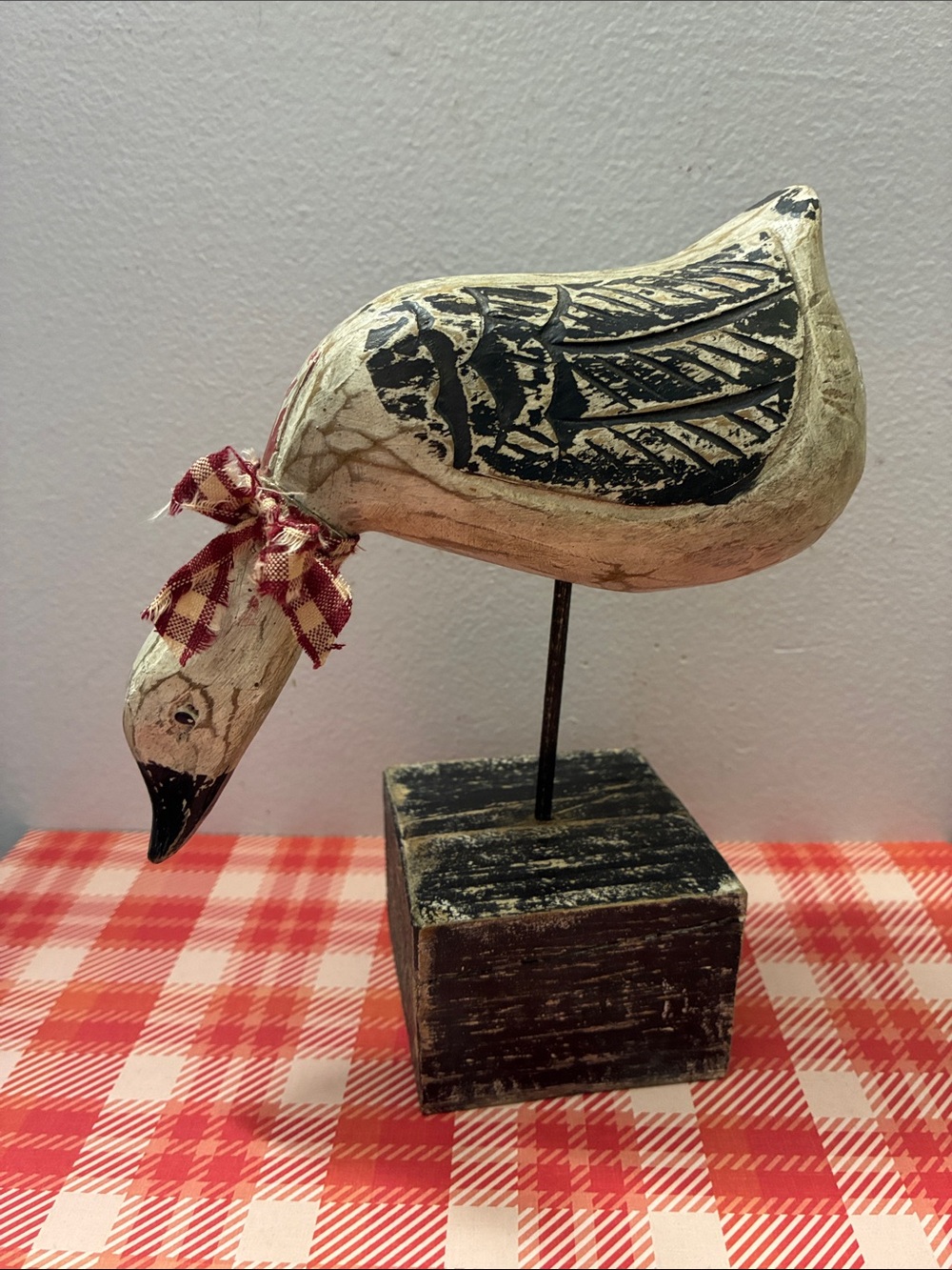 Rustic Cream Wooden Duck Figurine with Red Plaid Bow